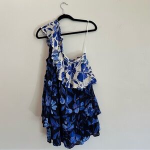 Anthropologie Easy One Shoulder Floral Dress Women's Small Blue & White Motif